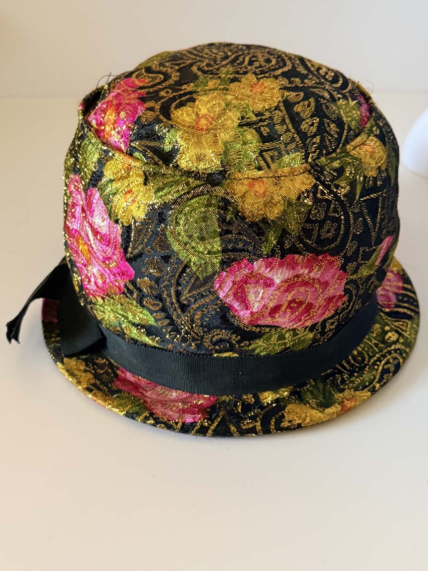 Vintage 1960s Carol Black Gold Brocade Fedora Hat Pink Roses Metallic Floral Jacquard Women's Mid Century Millinery