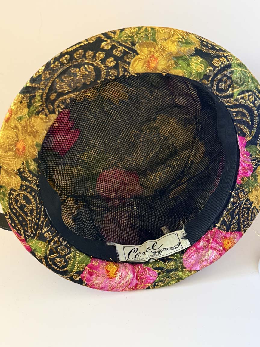 Vintage 1960s Carol Black Gold Brocade Fedora Hat Pink Roses Metallic Floral Jacquard Women's Mid Century Millinery