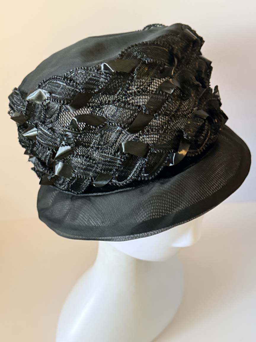 Vintage 1950s Black Lace Hat Satin Ribbon Woven Crown Wide Brim Women's Mid Century Cocktail Church Hat