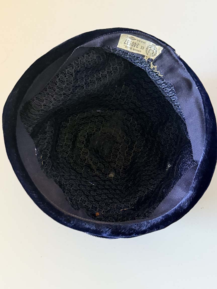 Vintage 1960s Dark Navy Blue Velvet Turban Hat Sculptural Draped Ribbon Toque Women's Mid Century Union Made Millinery