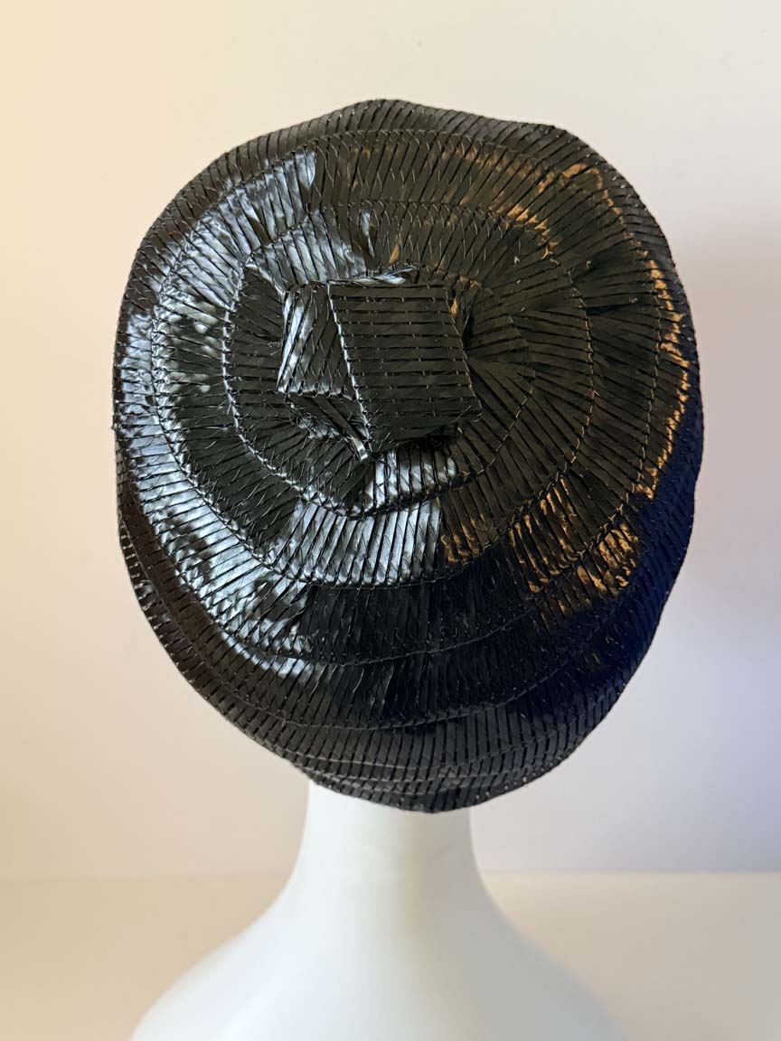 Vintage 1950s Reggi Black Straw Toque Hat Sculptural Tiered Crown Women's Mid Century Designer Millinery