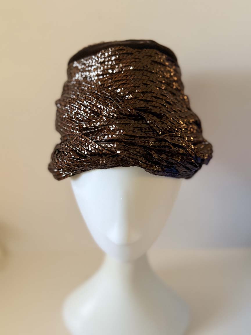 Vintage 1960s Dana Marte Bronze Brown Woven Straw Toque Hat Sculptural Draped High Crown Women's Mod Millinery
