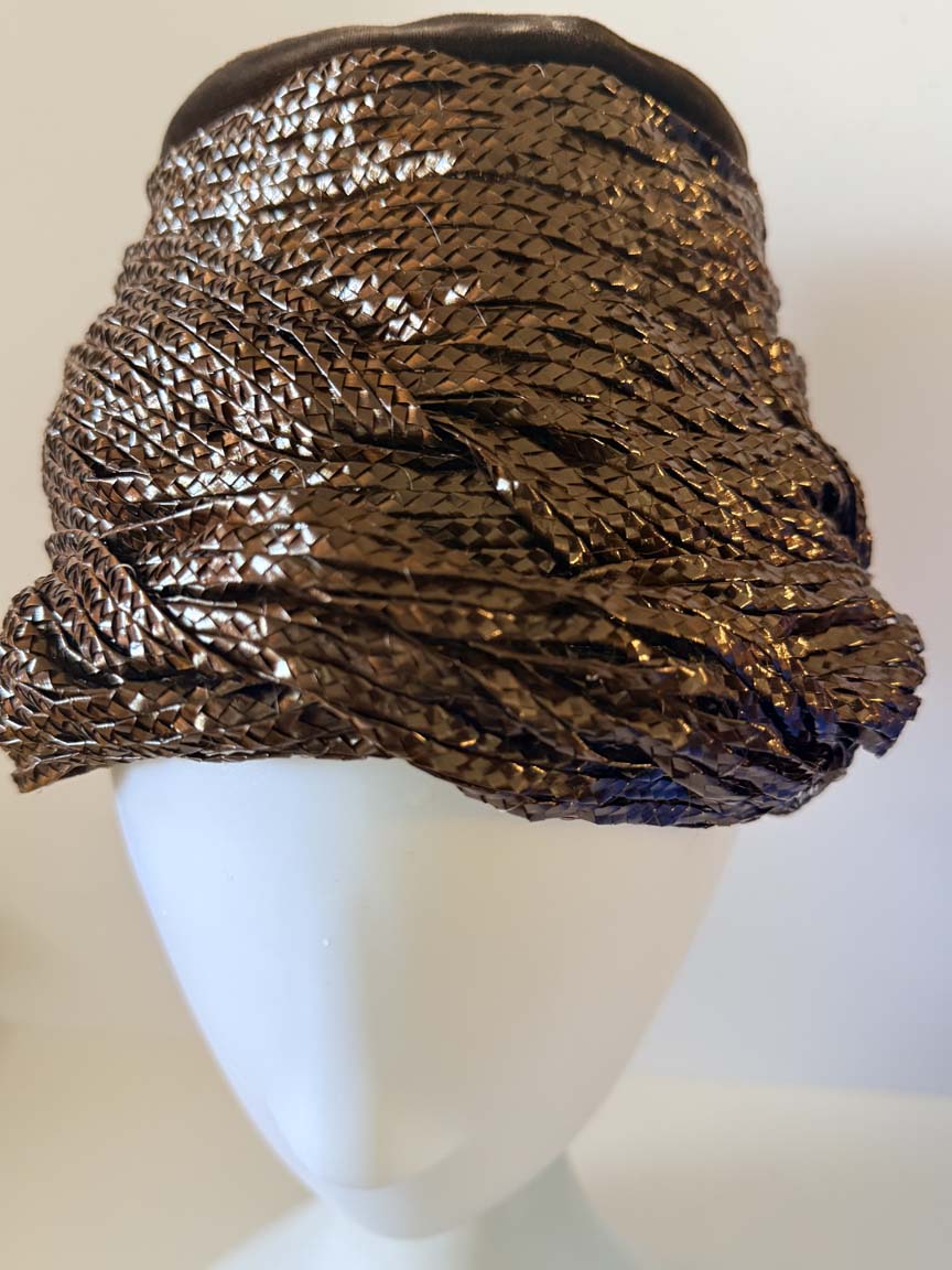 Vintage 1960s Dana Marte Bronze Brown Woven Straw Toque Hat Sculptural Draped High Crown Women's Mod Millinery