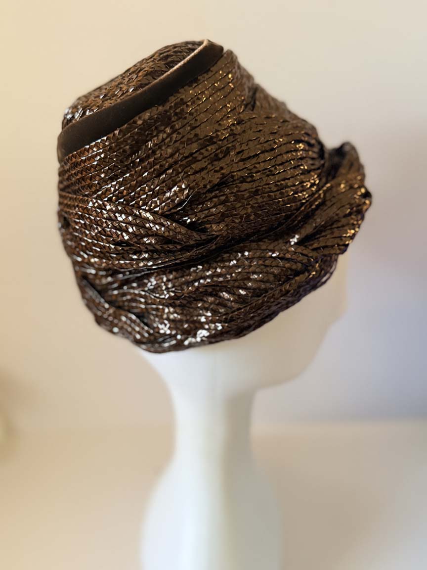 Vintage 1960s Dana Marte Bronze Brown Woven Straw Toque Hat Sculptural Draped High Crown Women's Mod Millinery