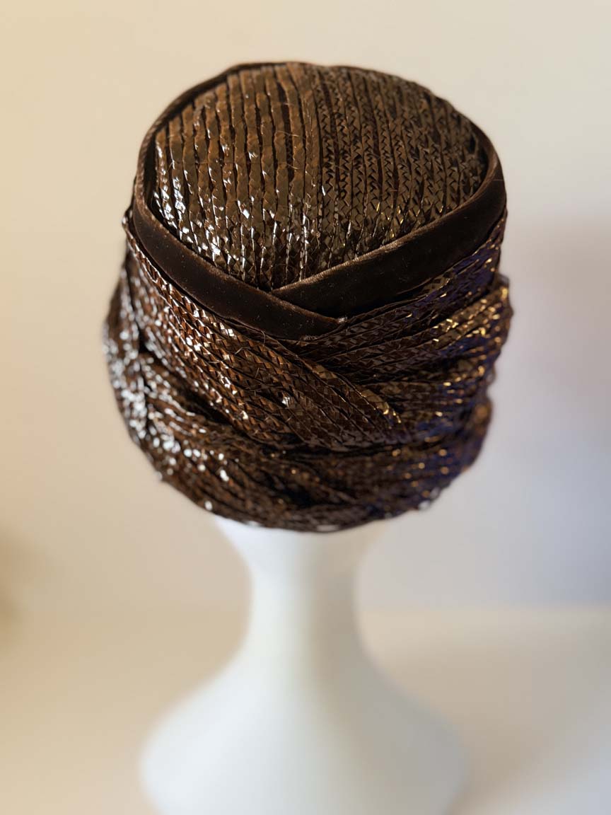 Vintage 1960s Dana Marte Bronze Brown Woven Straw Toque Hat Sculptural Draped High Crown Women's Mod Millinery