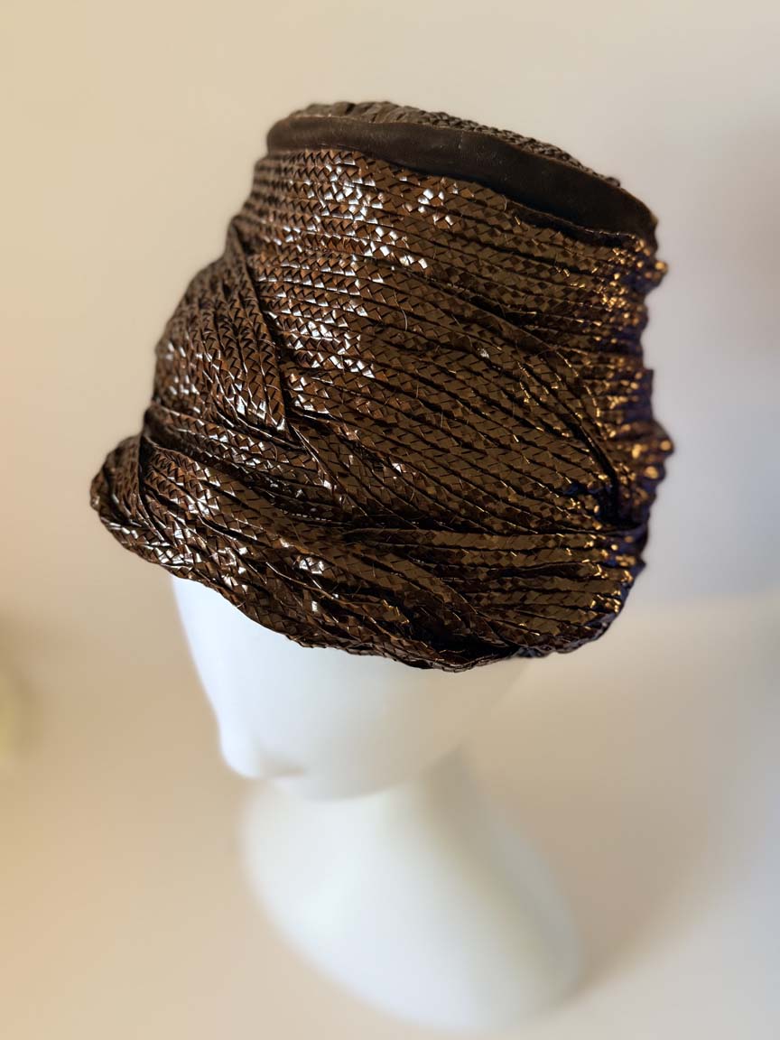 Vintage 1960s Dana Marte Bronze Brown Woven Straw Toque Hat Sculptural Draped High Crown Women's Mod Millinery