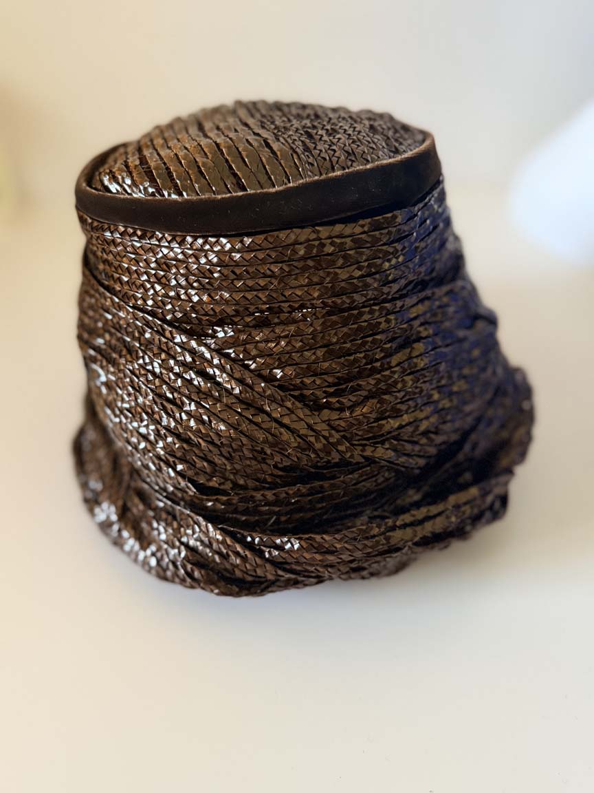 Vintage 1960s Dana Marte Bronze Brown Woven Straw Toque Hat Sculptural Draped High Crown Women's Mod Millinery