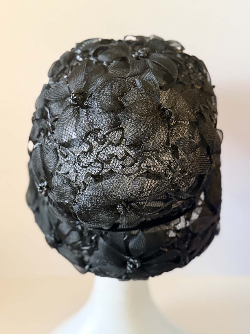 Vintage 1950s Pinehurst Black Floral Lace Cocktail Hat Velvet Bow High Crown Women's Formal Evening Millinery