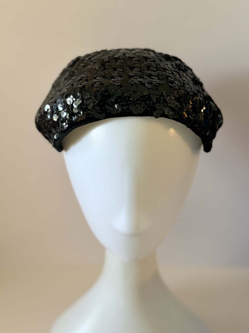 Vintage 1950s Black Sequin Cocktail Hat Allover Sequins Women's Sculpted Half Hat Evening Party Formal Millinery