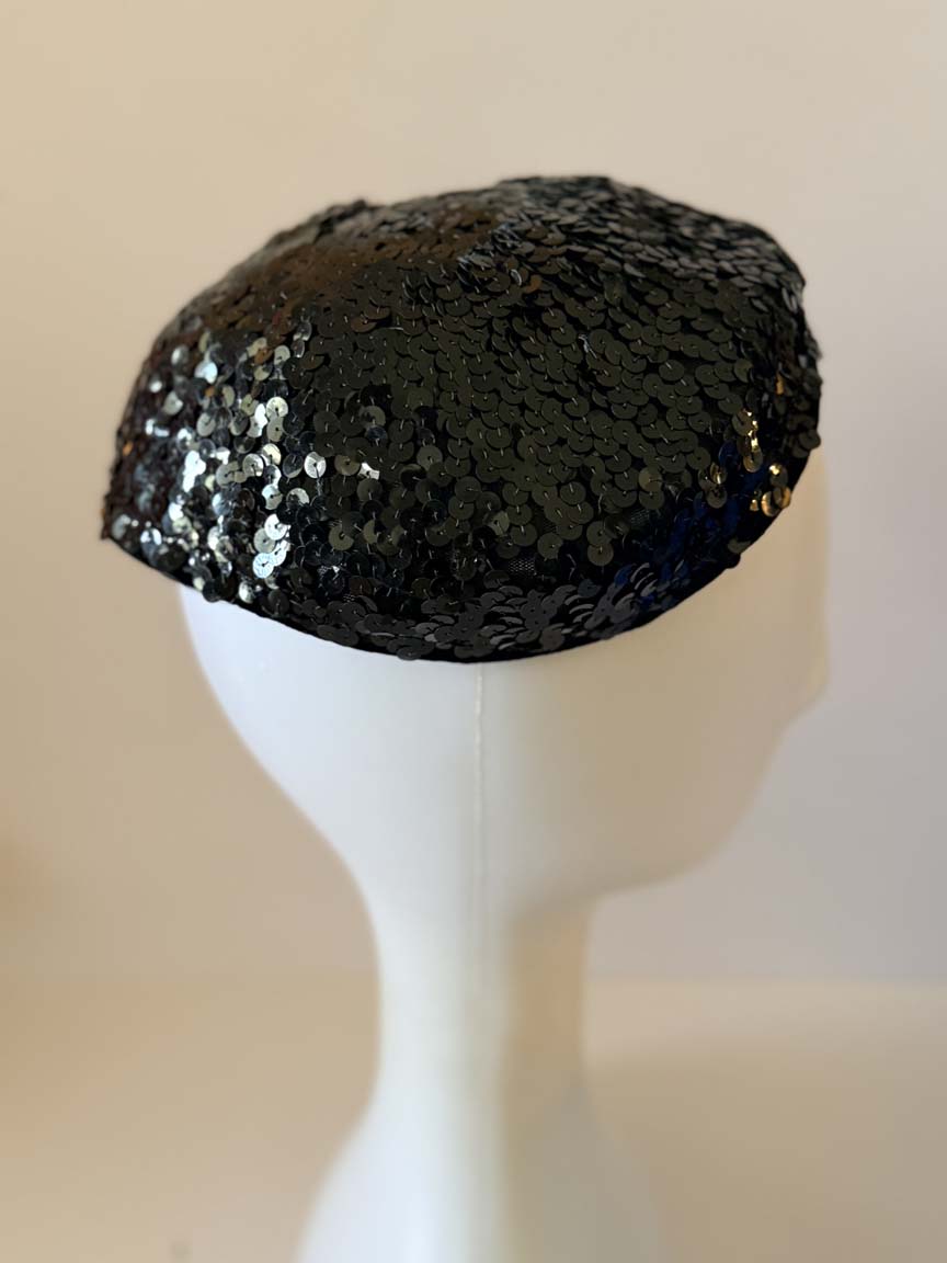 Vintage 1950s Black Sequin Cocktail Hat Allover Sequins Women's Sculpted Half Hat Evening Party Formal Millinery