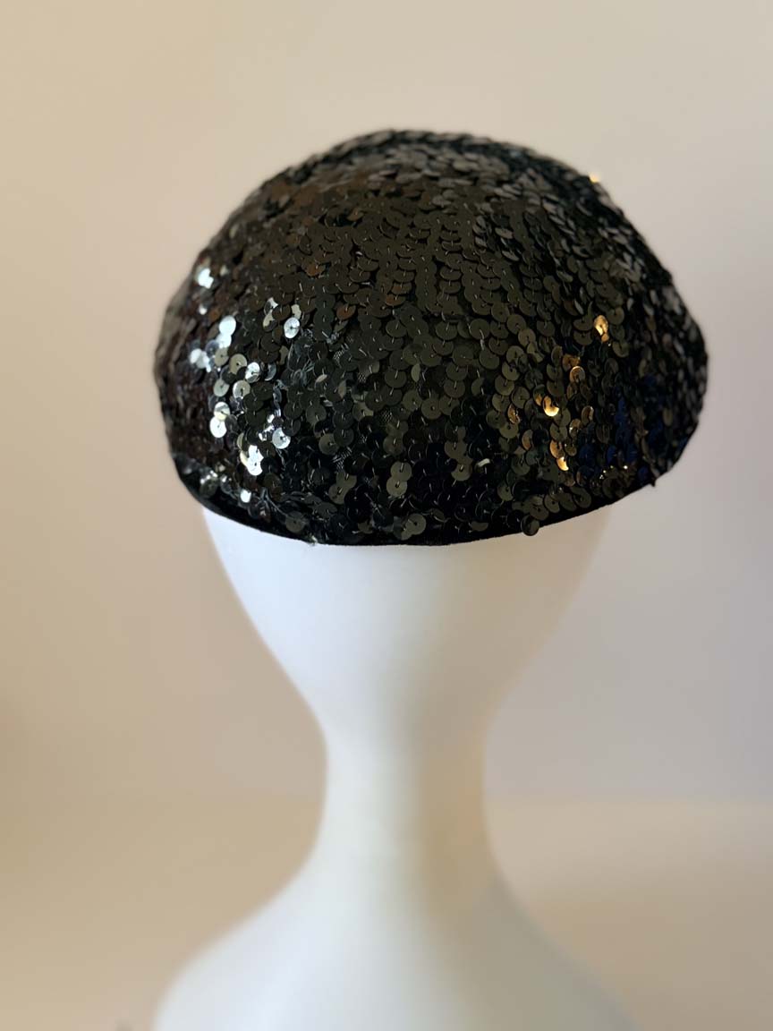 Vintage 1950s Black Sequin Cocktail Hat Allover Sequins Women's Sculpted Half Hat Evening Party Formal Millinery