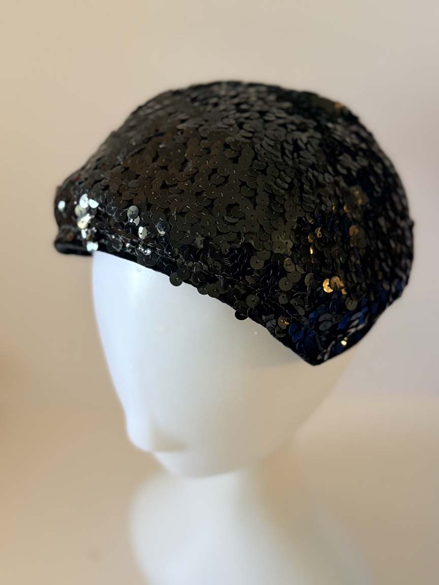 Vintage 1950s Black Sequin Cocktail Hat Allover Sequins Women's Sculpted Half Hat Evening Party Formal Millinery