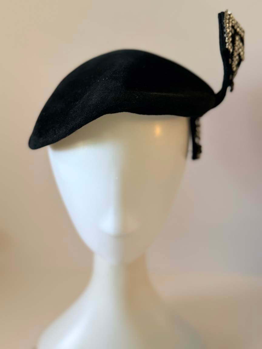 Vintage 1950s Wilshire Black Felt Tilt Hat Rhinestone Bow Women's Cocktail Hat Mid Century Designer Millinery