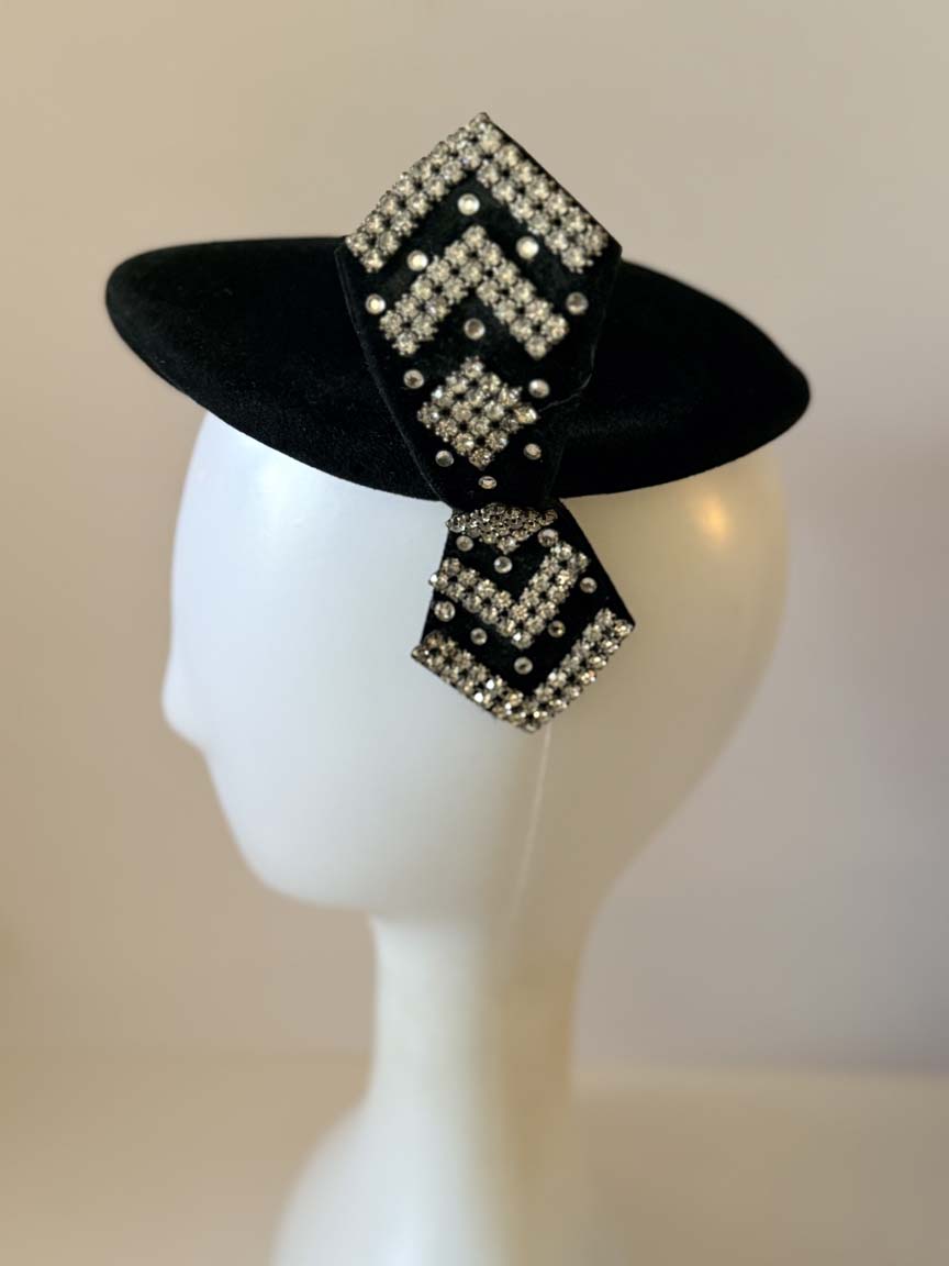 Vintage 1950s Wilshire Black Felt Tilt Hat Rhinestone Bow Women's Cocktail Hat Mid Century Designer Millinery