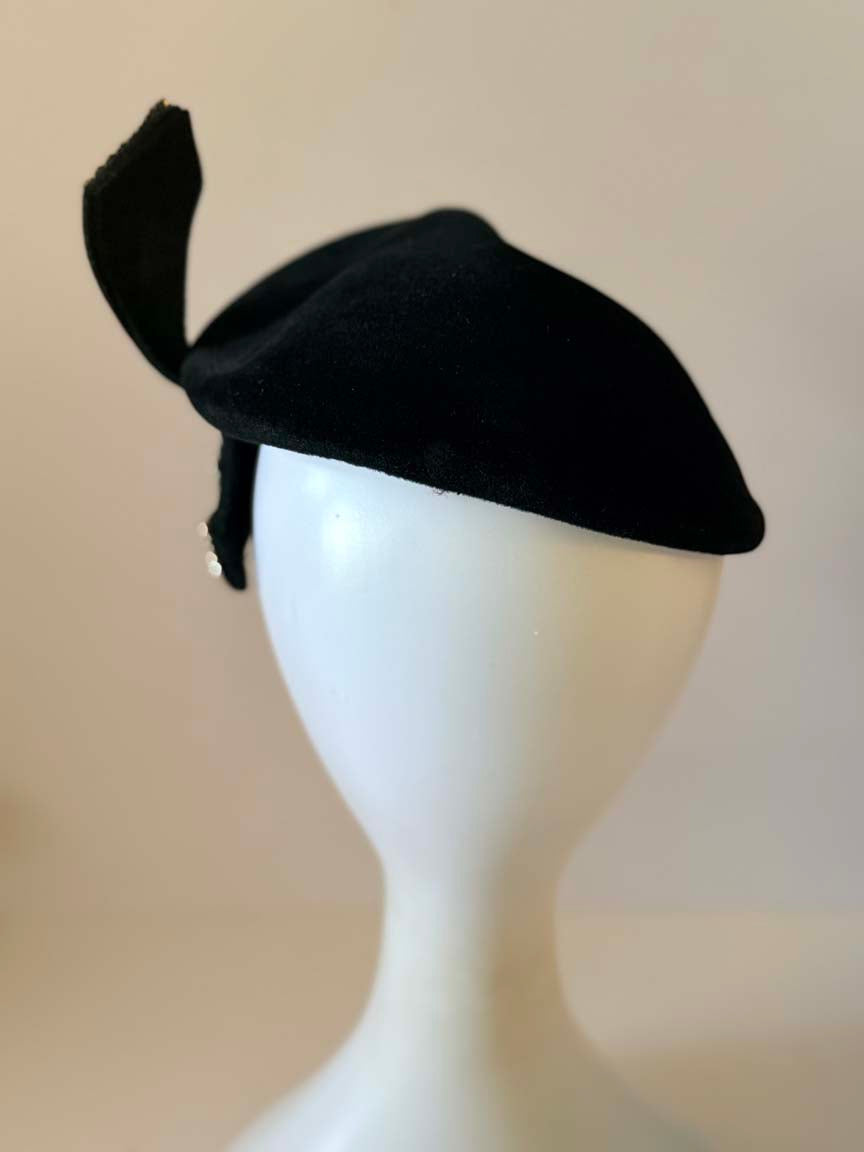 Vintage 1950s Wilshire Black Felt Tilt Hat Rhinestone Bow Women's Cocktail Hat Mid Century Designer Millinery