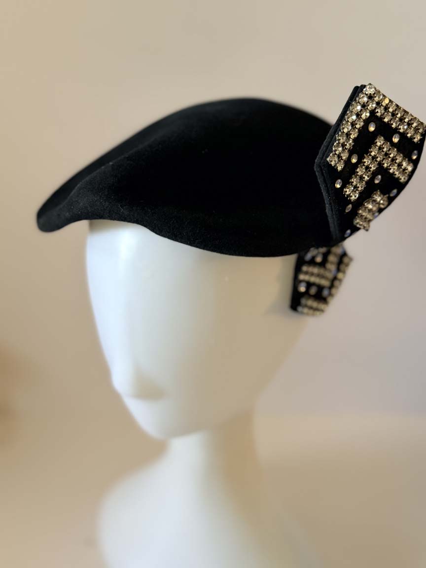 Vintage 1950s Wilshire Black Felt Tilt Hat Rhinestone Bow Women's Cocktail Hat Mid Century Designer Millinery