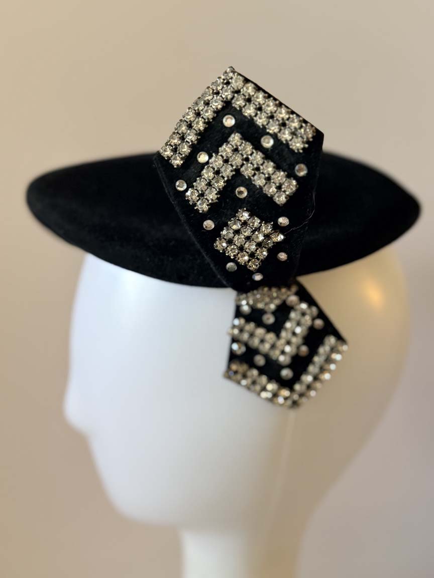 Vintage 1950s Wilshire Black Felt Tilt Hat Rhinestone Bow Women's Cocktail Hat Mid Century Designer Millinery