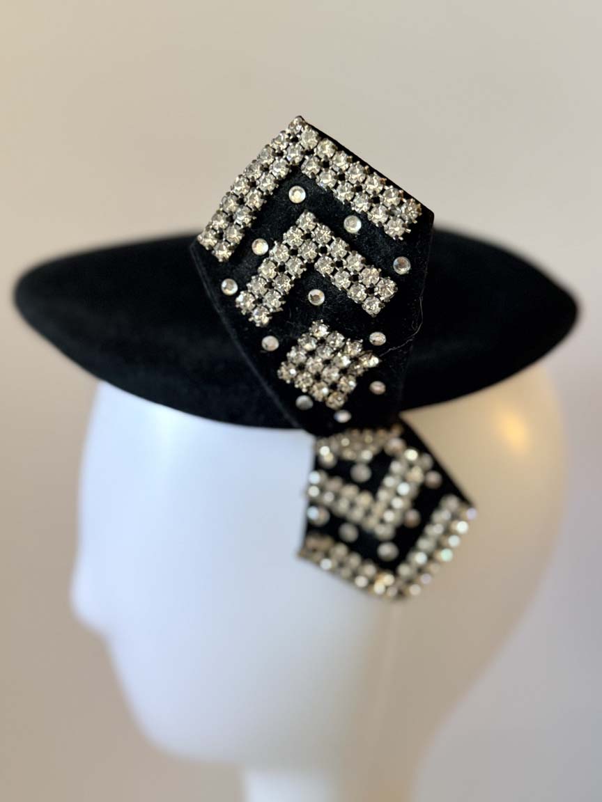 Vintage 1950s Wilshire Black Felt Tilt Hat Rhinestone Bow Women's Cocktail Hat Mid Century Designer Millinery