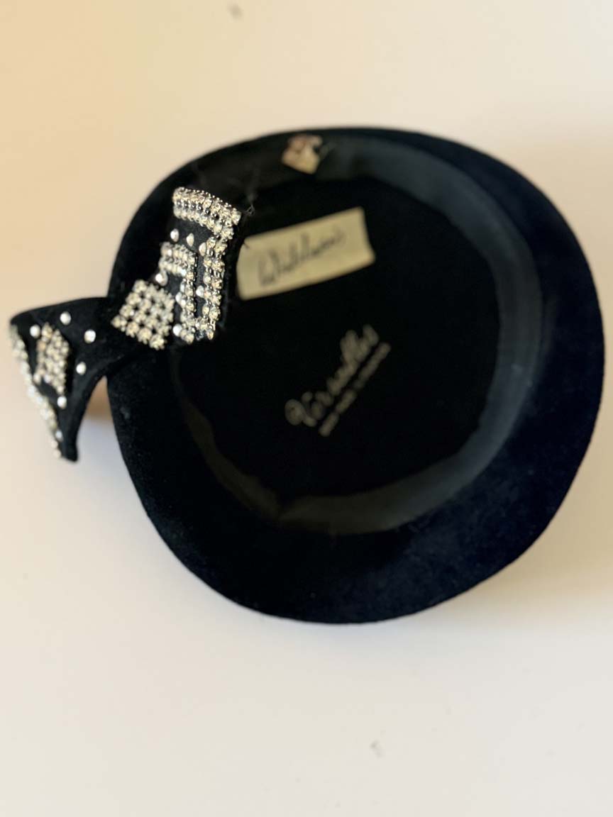 Vintage 1950s Wilshire Black Felt Tilt Hat Rhinestone Bow Women's Cocktail Hat Mid Century Designer Millinery