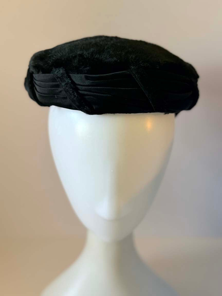 Vintage 1950s Duchess Black Velour Hat Reproduction of Paulette Paris Pleated Satin Women's Cocktail Hat French Designer Millinery