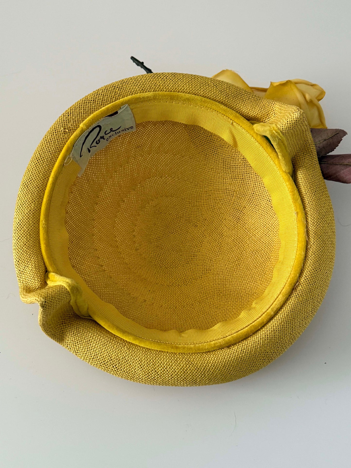 1950s–1960s Royce Exclusive Yellow Straw Hat – Floral Pillbox Tilt Hat – Mid Century Garden Party / Bridal Statement