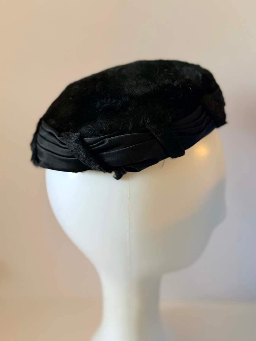 Vintage 1950s Duchess Black Velour Hat Reproduction of Paulette Paris Pleated Satin Women's Cocktail Hat French Designer Millinery
