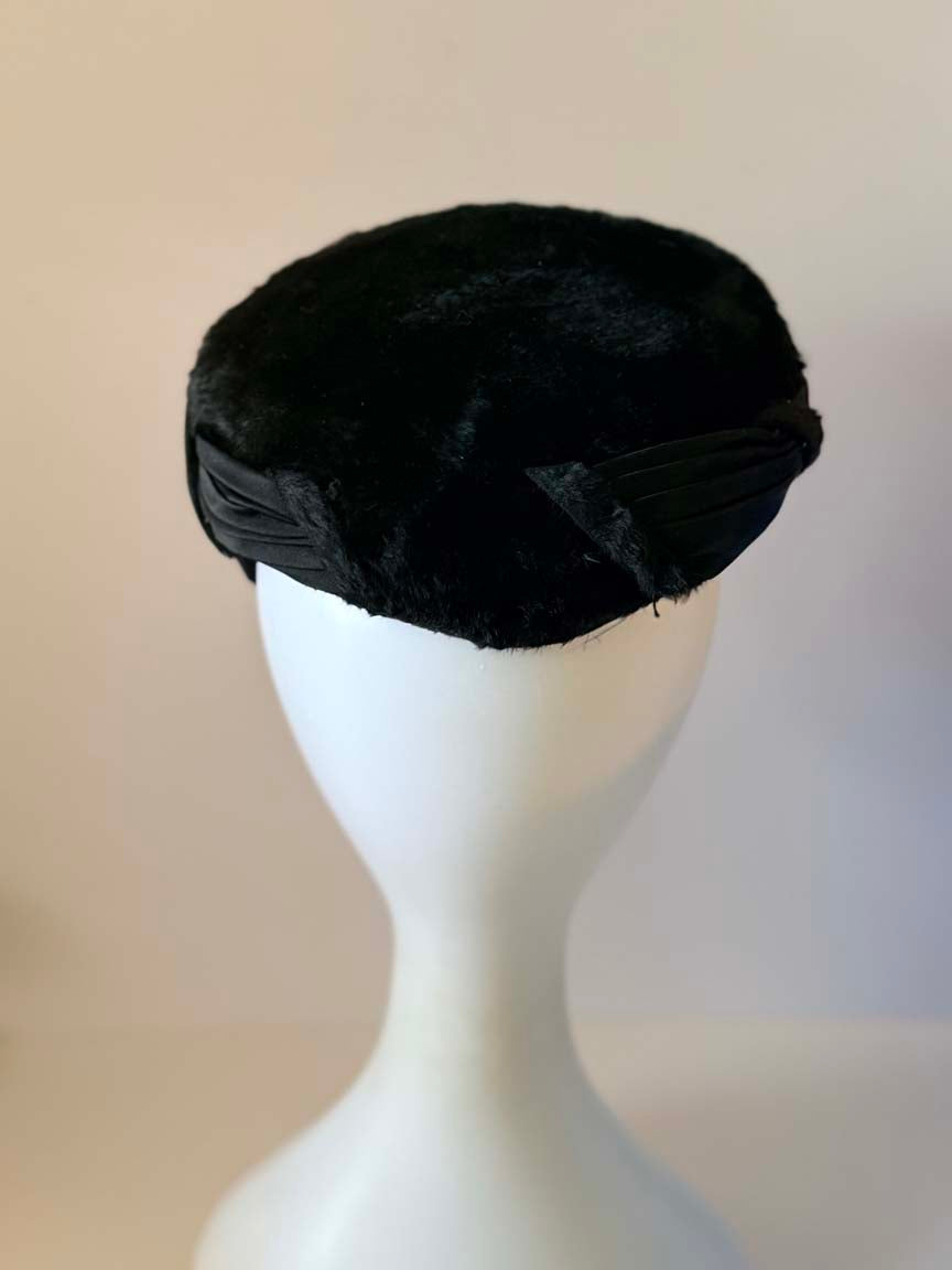Vintage 1950s Duchess Black Velour Hat Reproduction of Paulette Paris Pleated Satin Women's Cocktail Hat French Designer Millinery