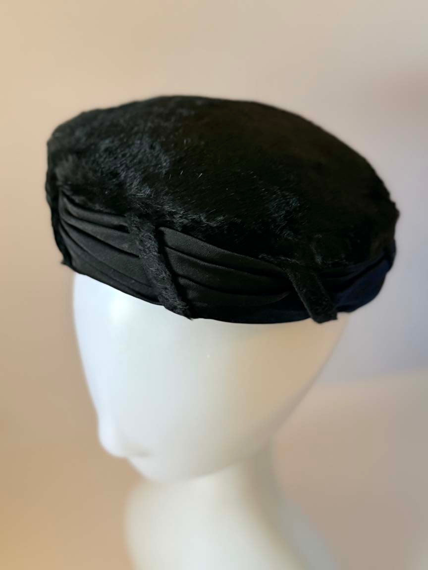 Vintage 1950s Duchess Black Velour Hat Reproduction of Paulette Paris Pleated Satin Women's Cocktail Hat French Designer Millinery