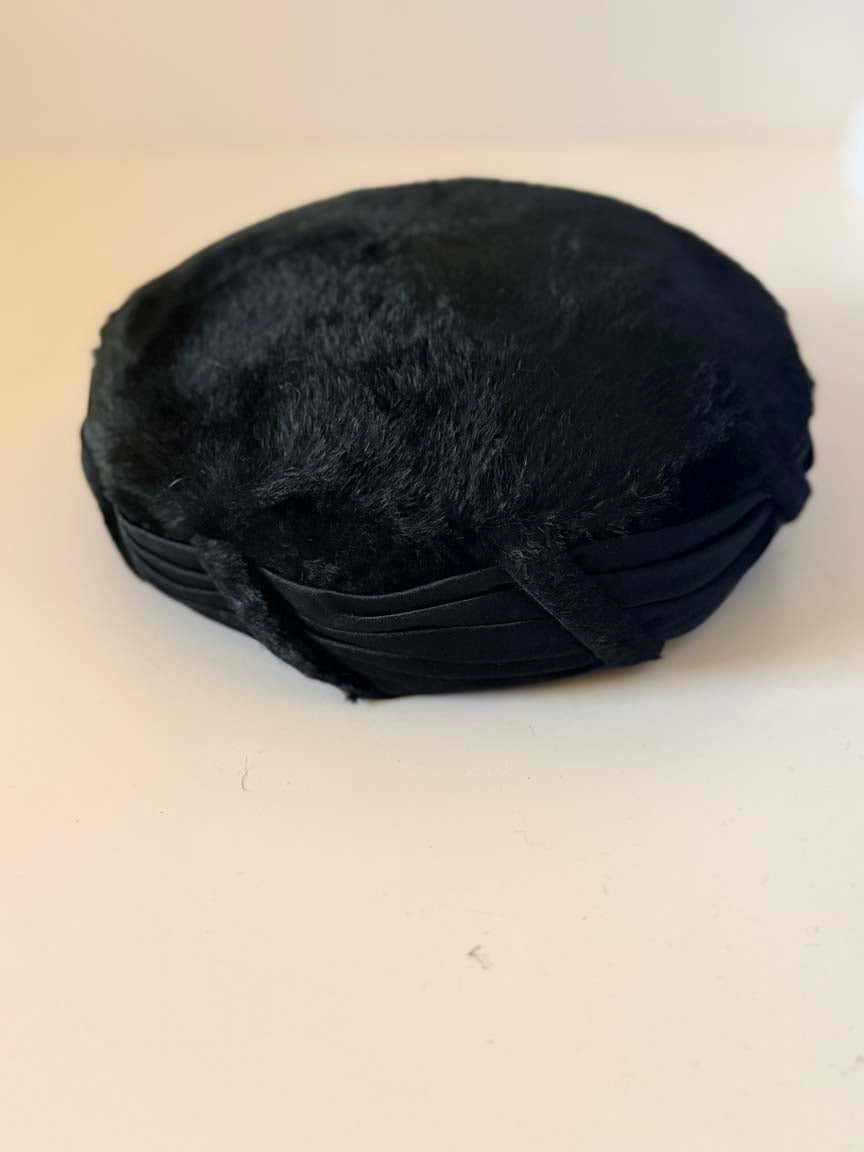Vintage 1950s Duchess Black Velour Hat Reproduction of Paulette Paris Pleated Satin Women's Cocktail Hat French Designer Millinery