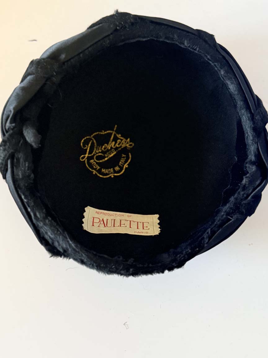 Vintage 1950s Duchess Black Velour Hat Reproduction of Paulette Paris Pleated Satin Women's Cocktail Hat French Designer Millinery