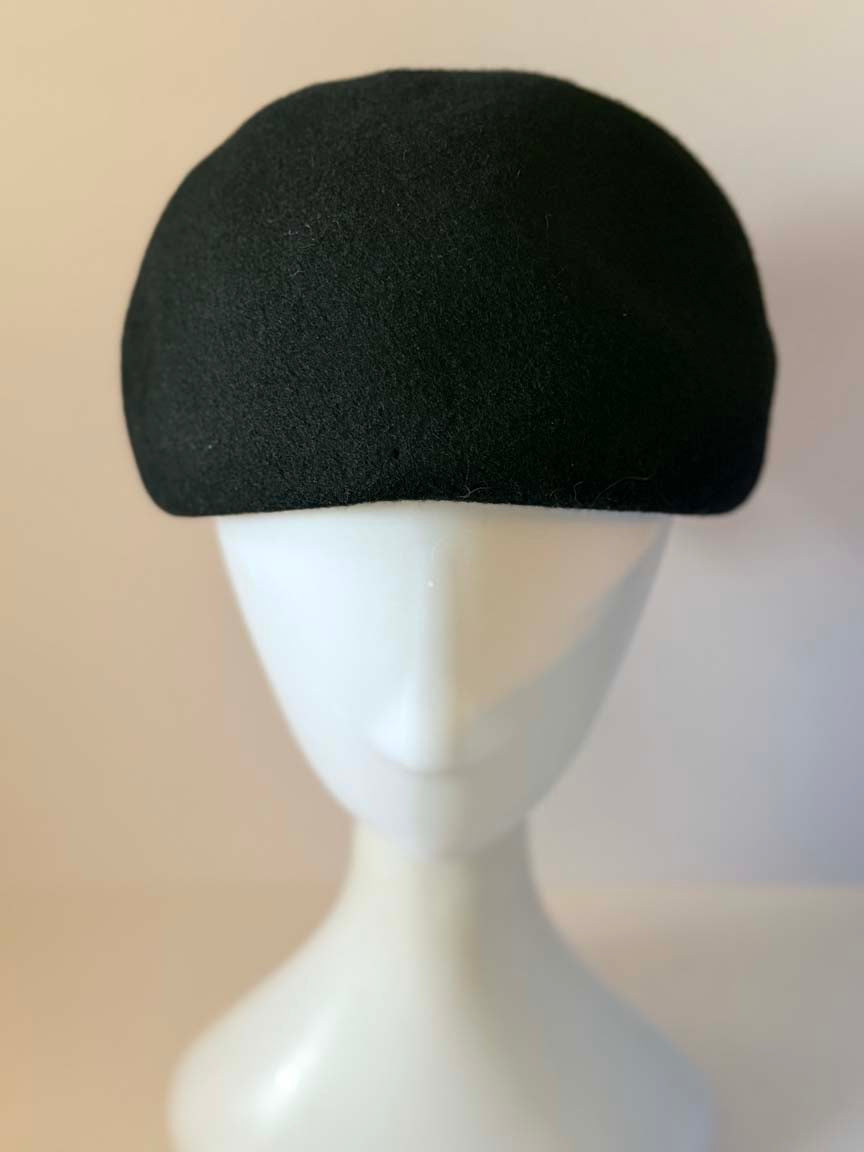 Vintage 1960s Caprice New York Black Wool Felt Bubble Hat Grosgrain Ribbon Rhinestone Accent Women's Mod Ha