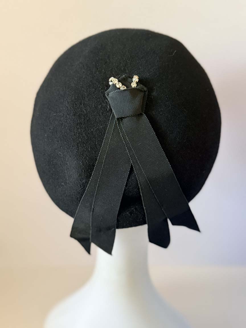 Vintage 1960s Caprice New York Black Wool Felt Bubble Hat Grosgrain Ribbon Rhinestone Accent Women's Mod Ha