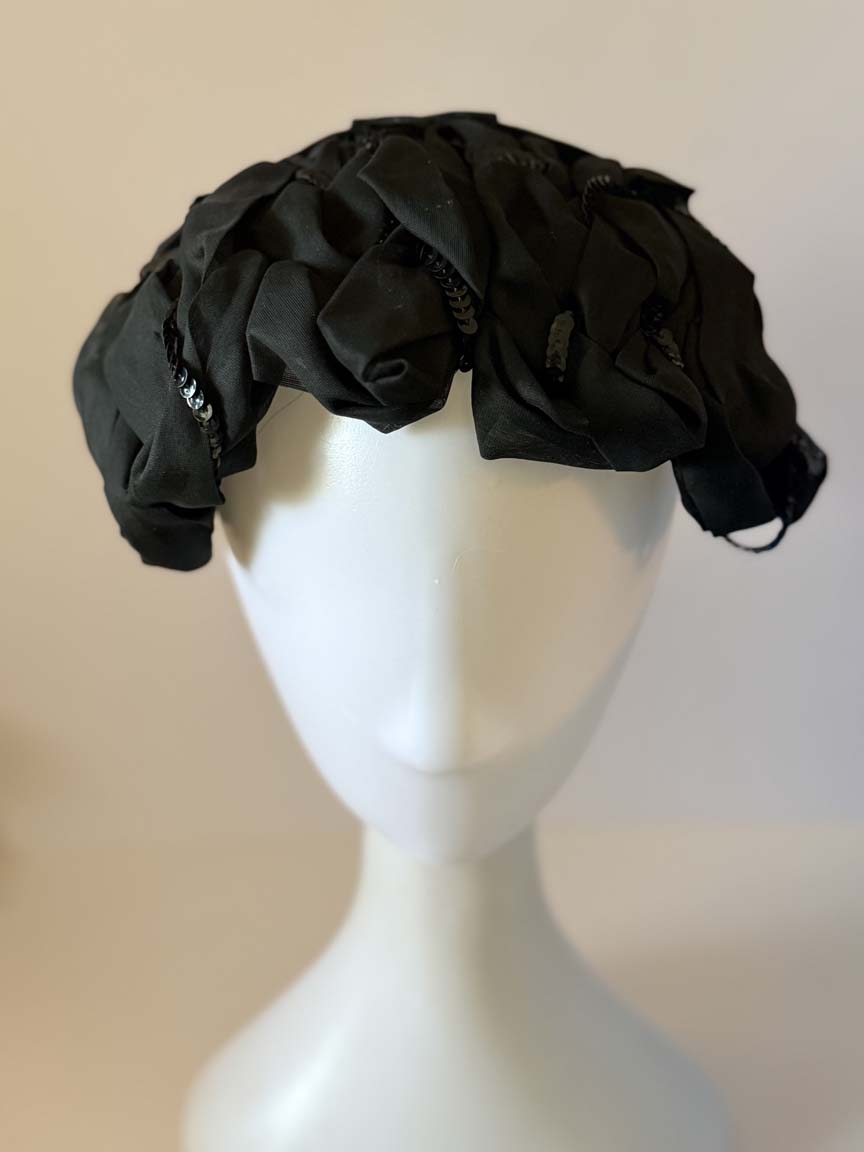 Vintage 1950s Black Silk Organza Cocktail Hat Black Sequins Sculptural Half Hat Women's Mid Century Evening Millinery