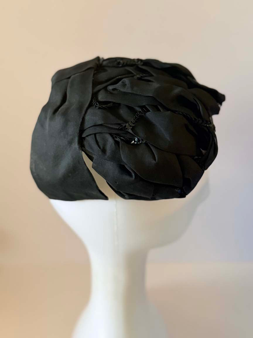Vintage 1950s Black Silk Organza Cocktail Hat Black Sequins Sculptural Half Hat Women's Mid Century Evening Millinery