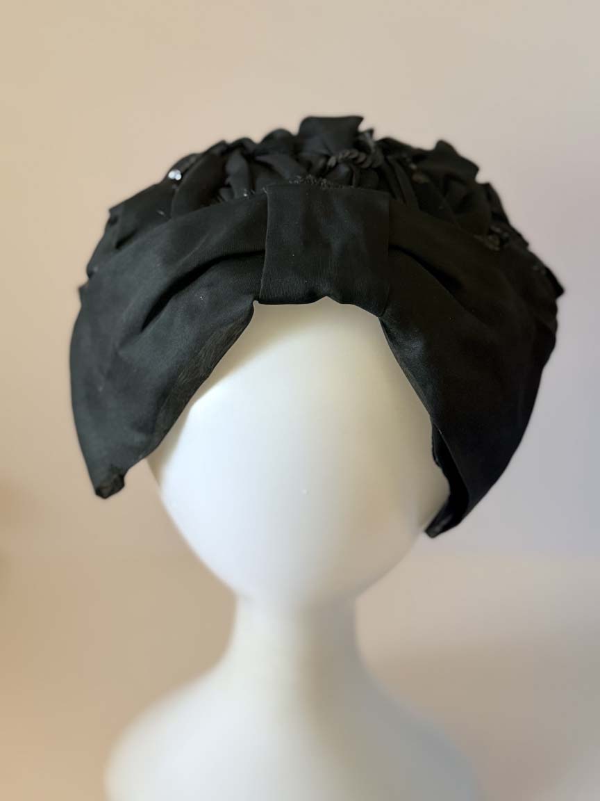 Vintage 1950s Black Silk Organza Cocktail Hat Black Sequins Sculptural Half Hat Women's Mid Century Evening Millinery