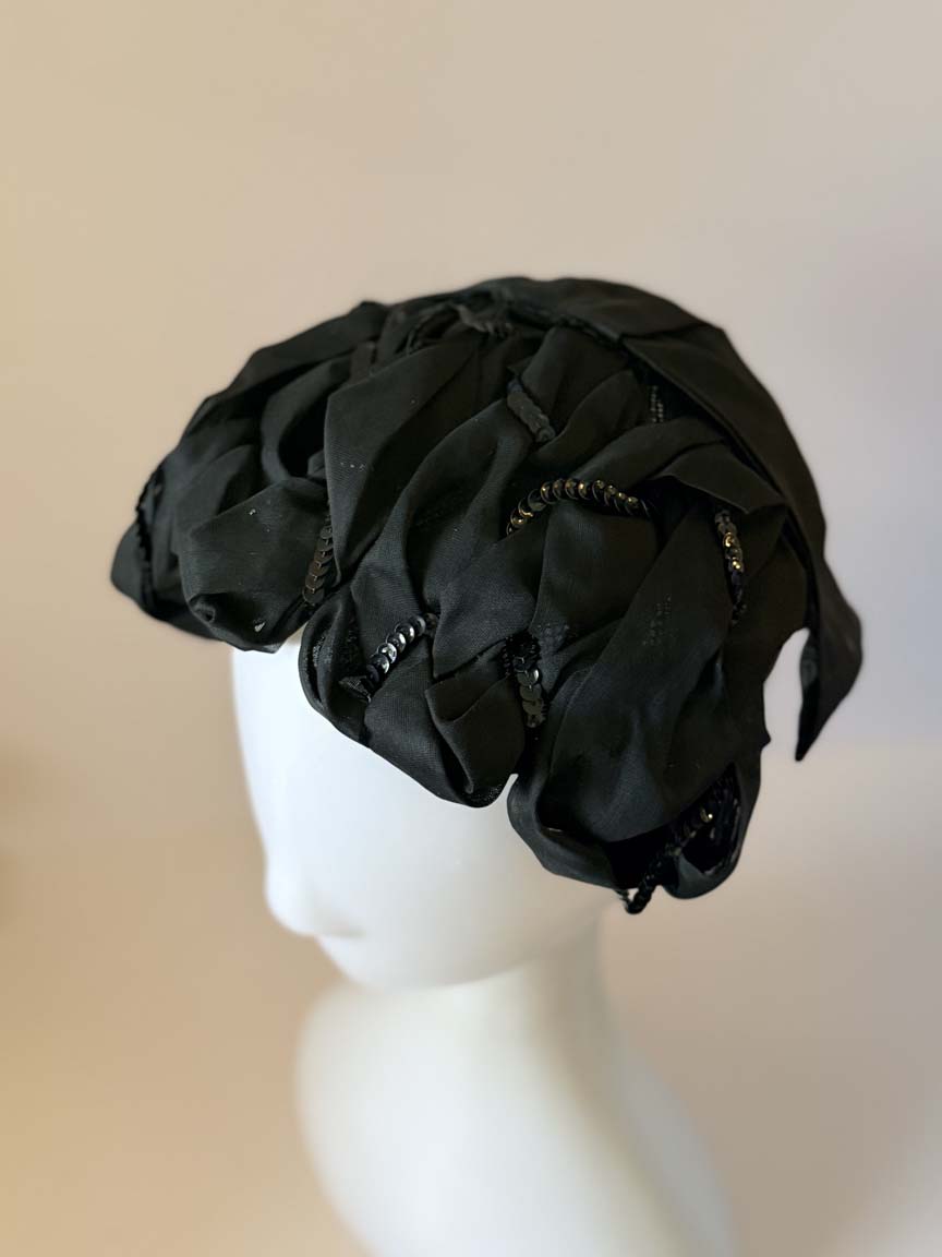 Vintage 1950s Black Silk Organza Cocktail Hat Black Sequins Sculptural Half Hat Women's Mid Century Evening Millinery