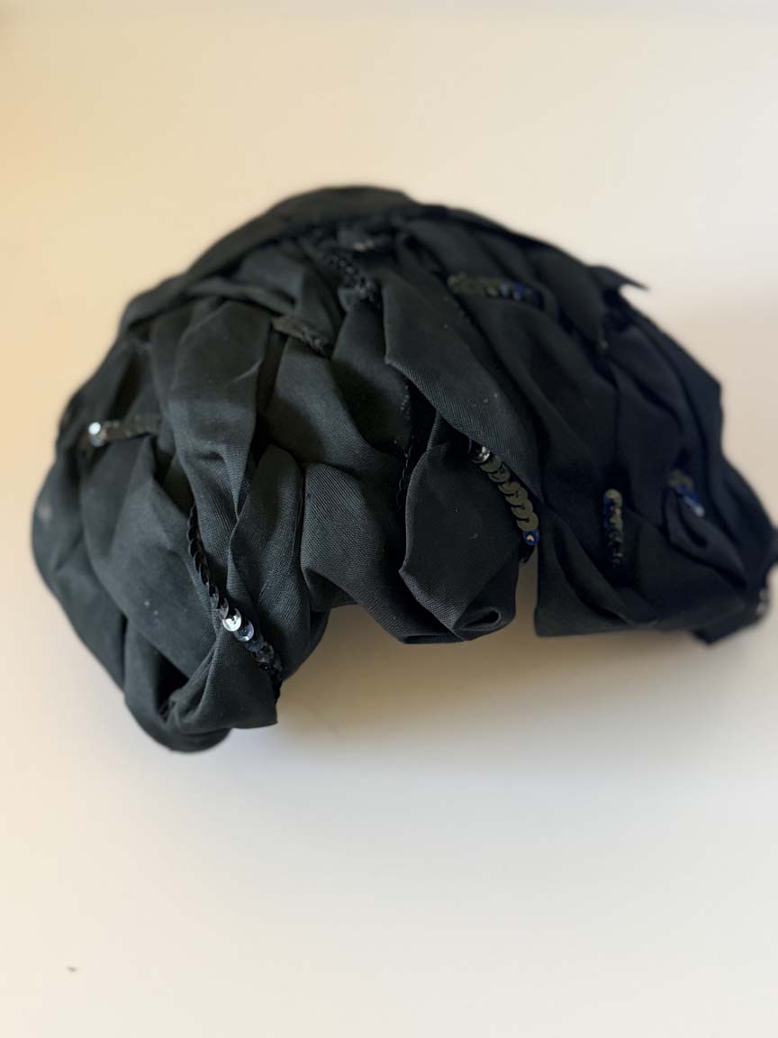 Vintage 1950s Black Silk Organza Cocktail Hat Black Sequins Sculptural Half Hat Women's Mid Century Evening Millinery