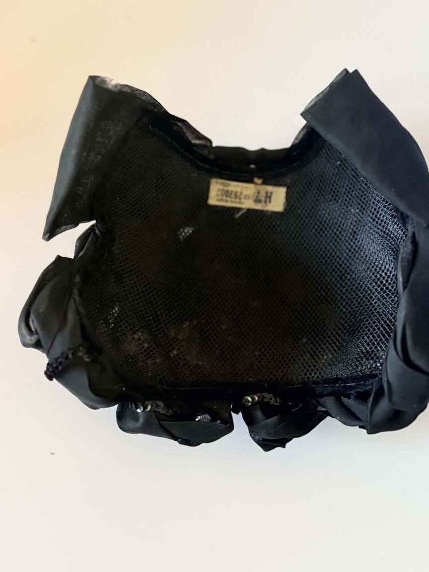 Vintage 1950s Black Silk Organza Cocktail Hat Black Sequins Sculptural Half Hat Women's Mid Century Evening Millinery
