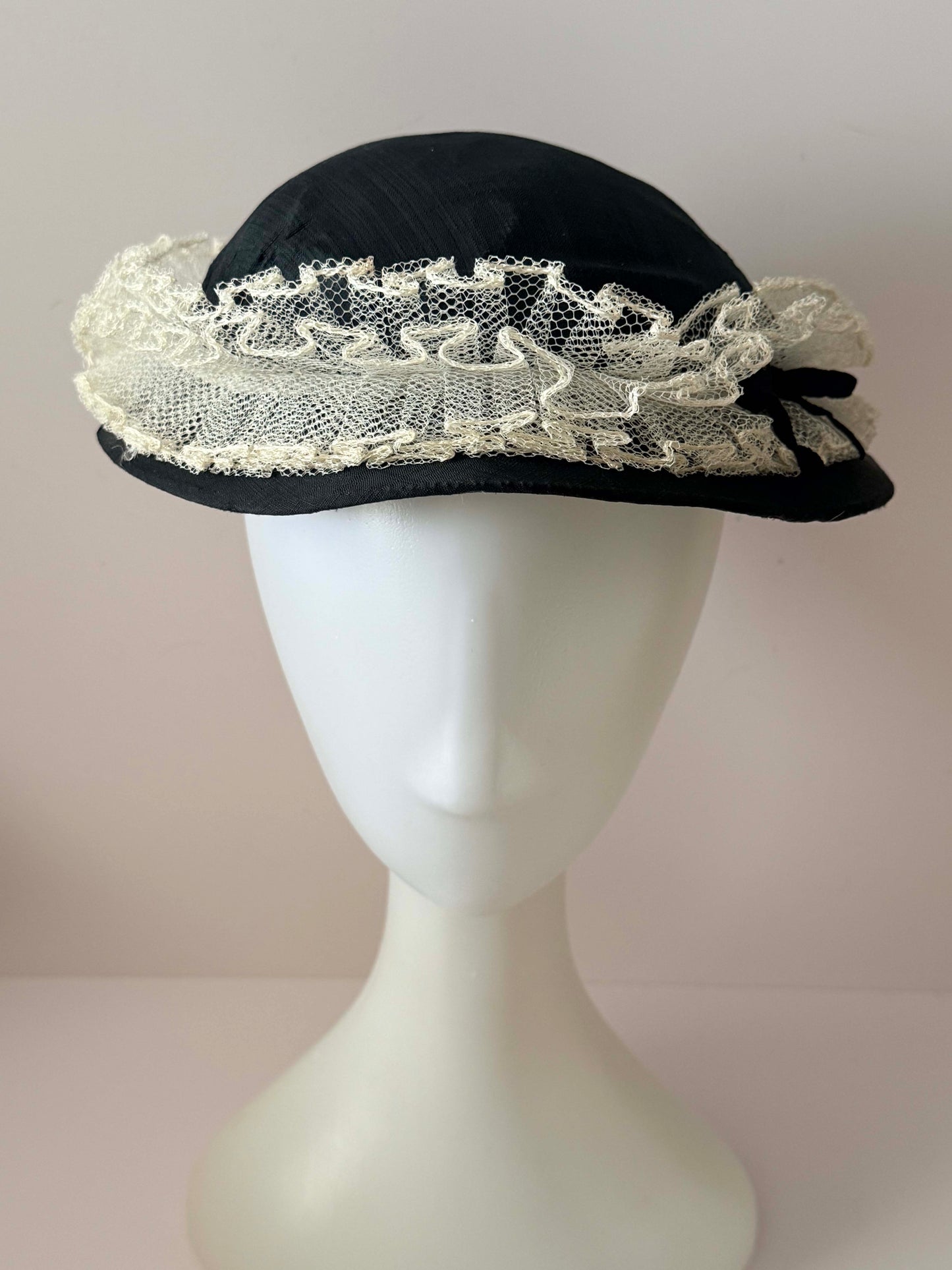Vintage 1950s Black Silk Hat – White Lace Trim Tilt Hat with Velvet Bow Feminine Mid Century Summer Millinery