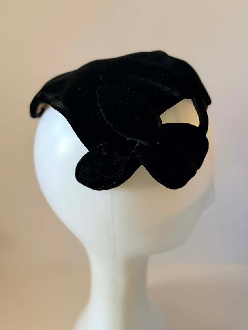 Vintage 1940s Black Velvet Half Hat Sculptural Openwork Cutout Cocktail Hat Women's WWII Era Evening Millinery