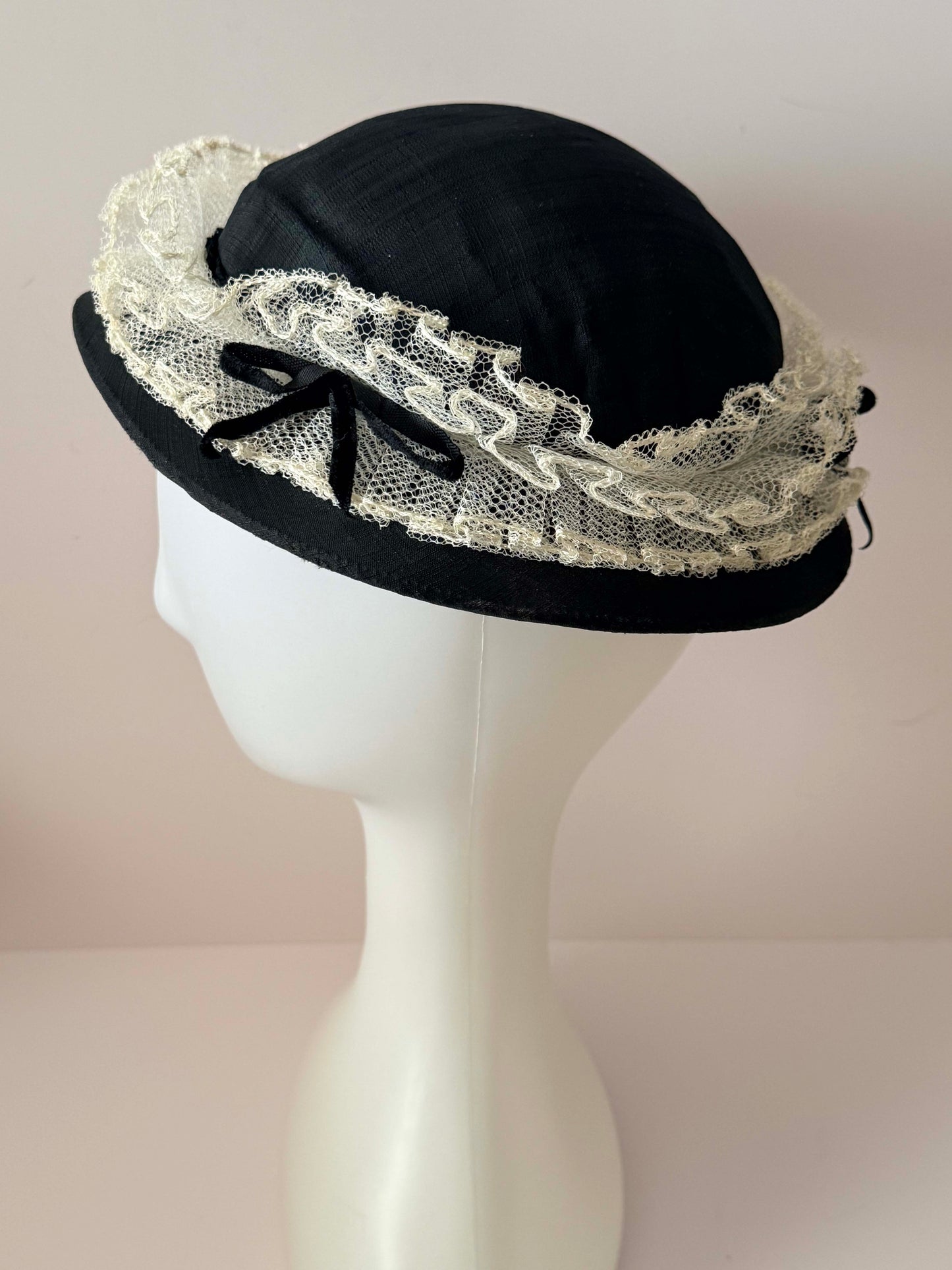 Vintage 1950s Black Silk Hat – White Lace Trim Tilt Hat with Velvet Bow Feminine Mid Century Summer Millinery
