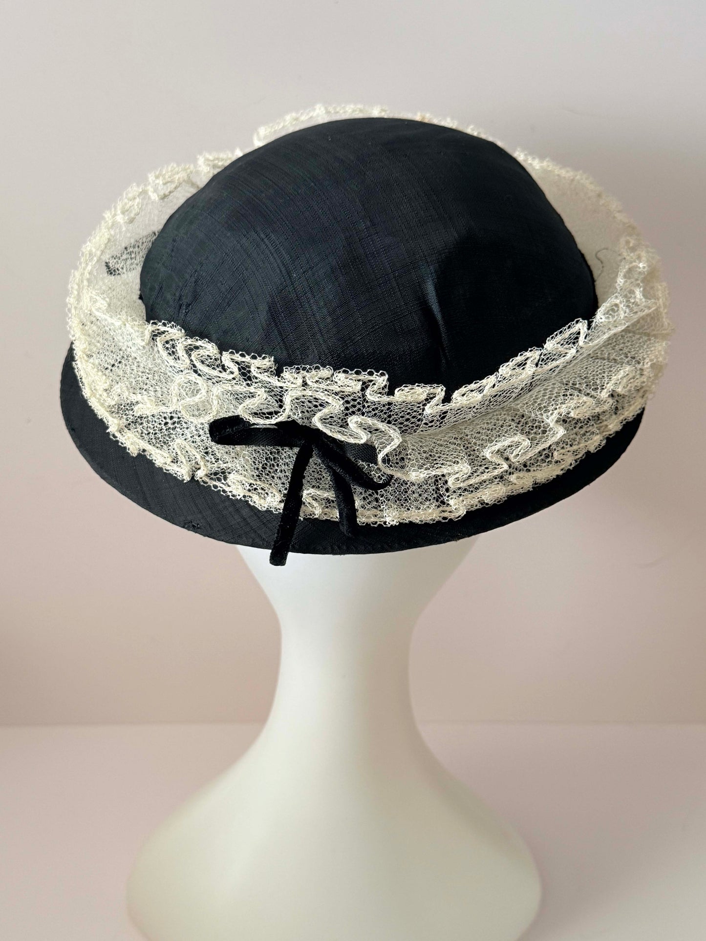 Vintage 1950s Black Silk Hat – White Lace Trim Tilt Hat with Velvet Bow Feminine Mid Century Summer Millinery