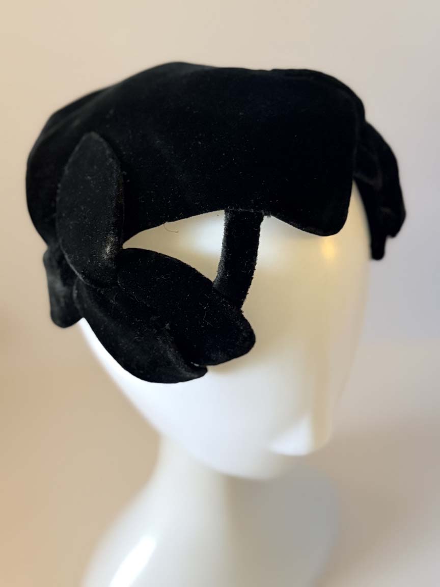 Vintage 1940s Black Velvet Half Hat Sculptural Openwork Cutout Cocktail Hat Women's WWII Era Evening Millinery