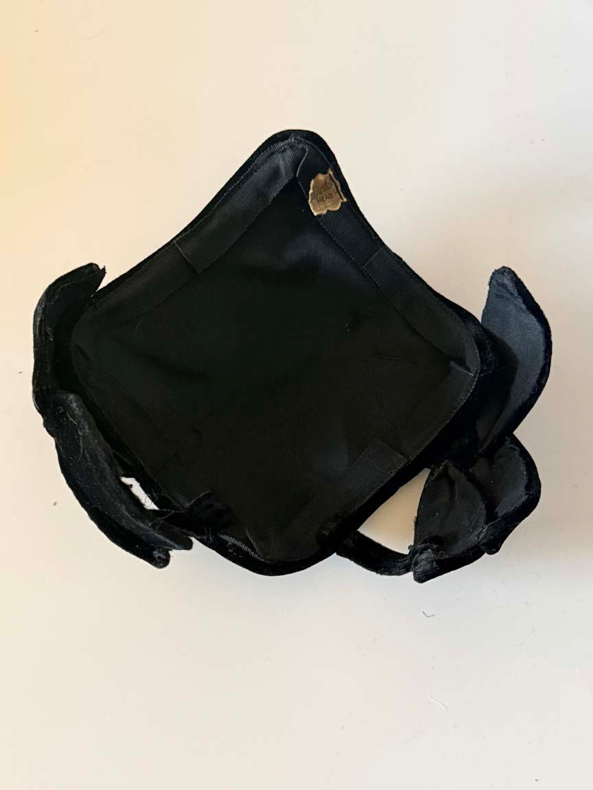 Vintage 1940s Black Velvet Half Hat Sculptural Openwork Cutout Cocktail Hat Women's WWII Era Evening Millinery