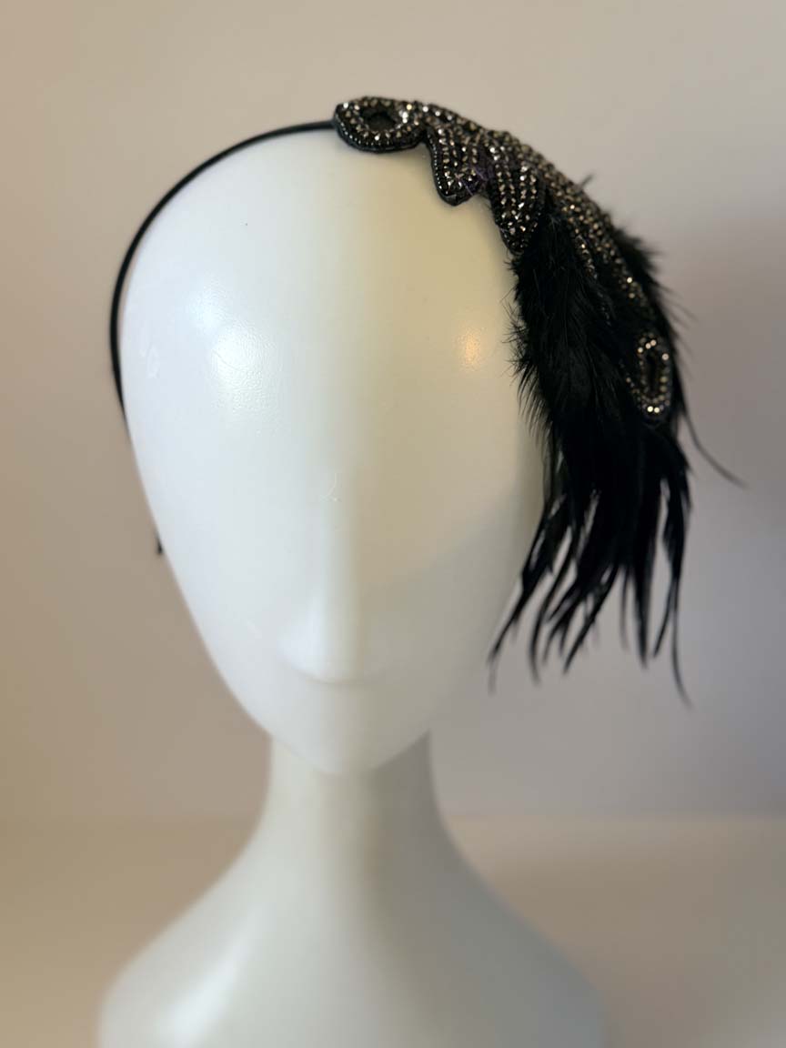 BABEYOND 1920s Style Black Beaded Feather Flapper Headpiece Art Deco Peacock Fascinator Great Gatsby Costume