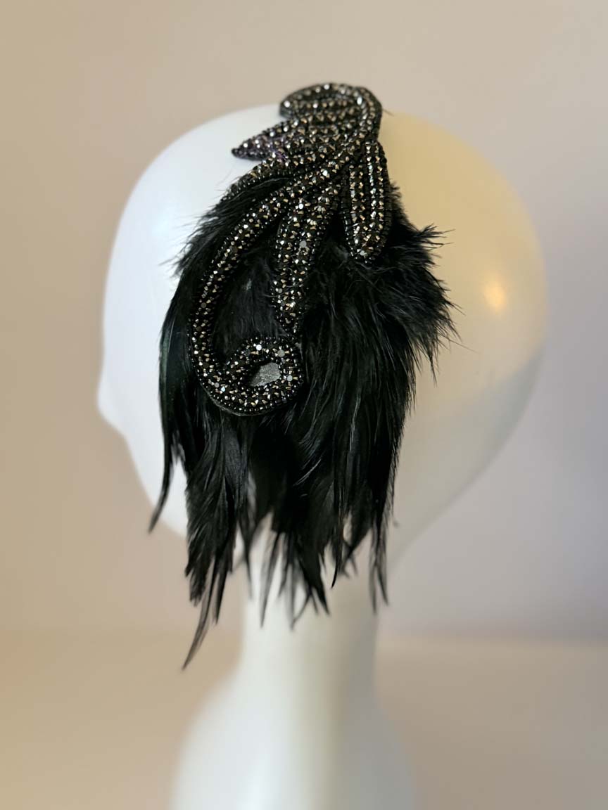 BABEYOND 1920s Style Black Beaded Feather Flapper Headpiece Art Deco Peacock Fascinator Great Gatsby Costume