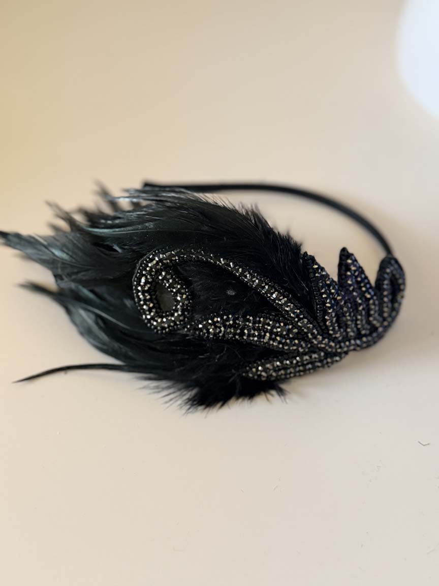 BABEYOND 1920s Style Black Beaded Feather Flapper Headpiece Art Deco Peacock Fascinator Great Gatsby Costume