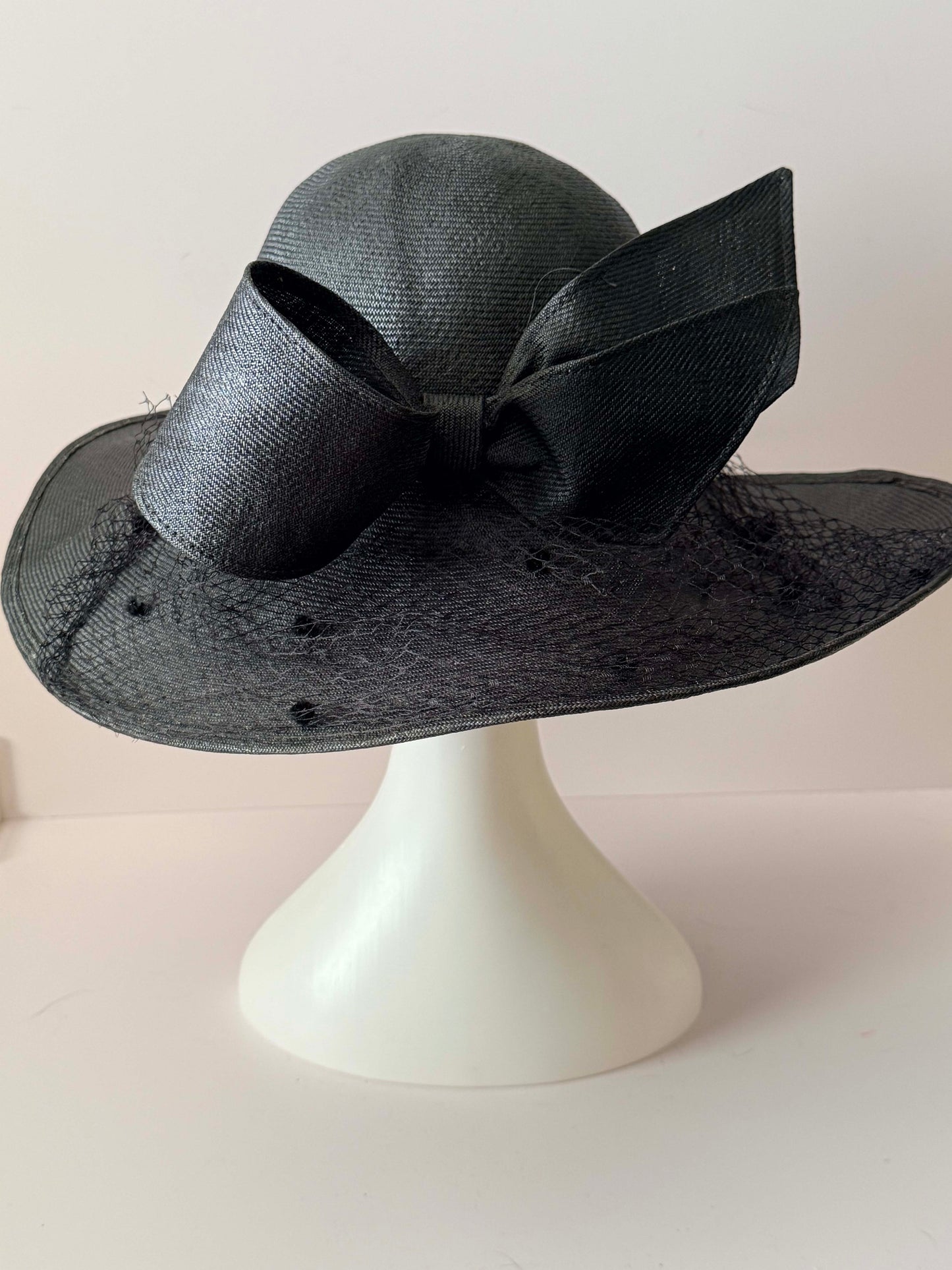 1950s Jack McConnell Black Straw Hat – Wide Brim Veiled Cocktail Hat