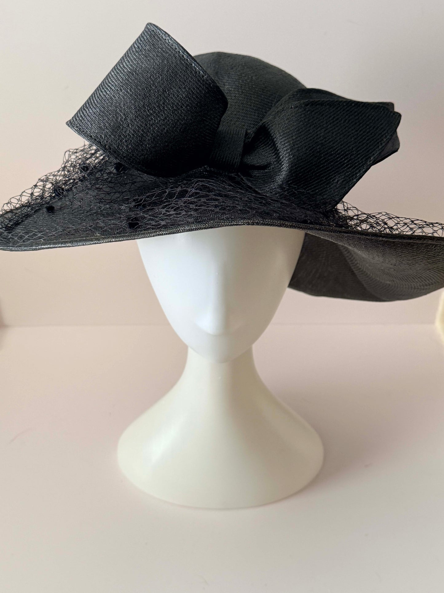 1950s Jack McConnell Black Straw Hat – Wide Brim Veiled Cocktail Hat