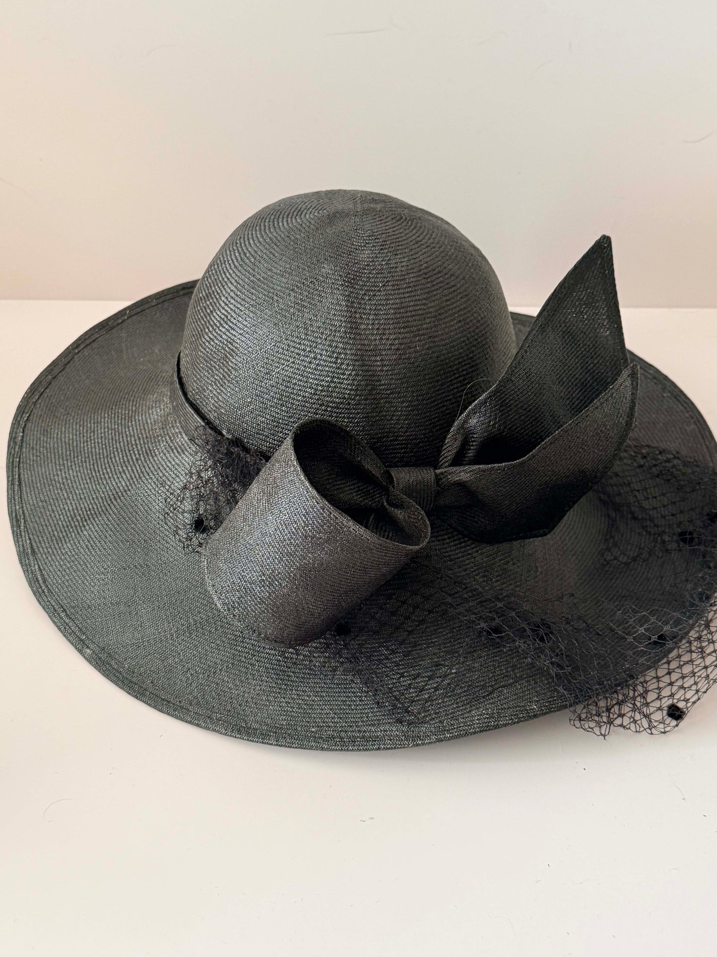 1950s Jack McConnell Black Straw Hat – Wide Brim Veiled Cocktail Hat